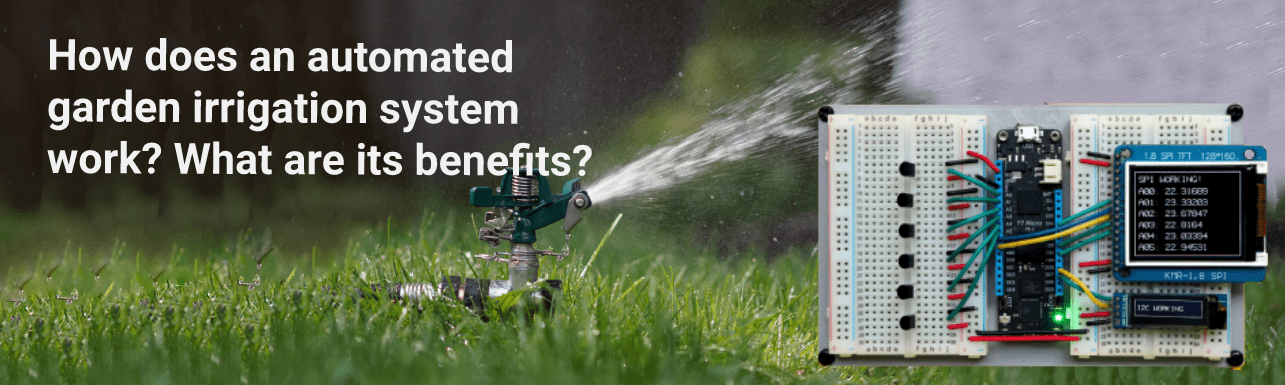 The text reads: "How does an automated garden irrigation system work?"The image shows a sprinker spraying water over a lawn and a PCB of a controller